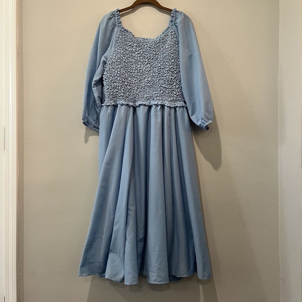 JessaKae Dress Women’s 1X Love Spell Blue Midi Smocked 3/4 Balloon Sleeve - Picture 2 of 10